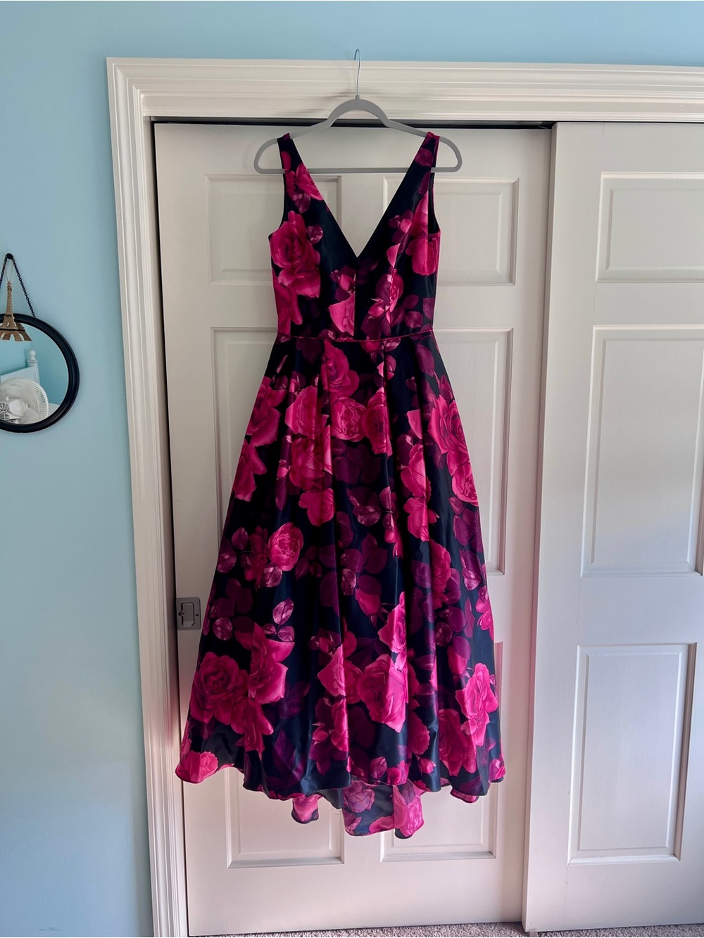 Adam Black Midi Dress with Bold Pink Floral Print